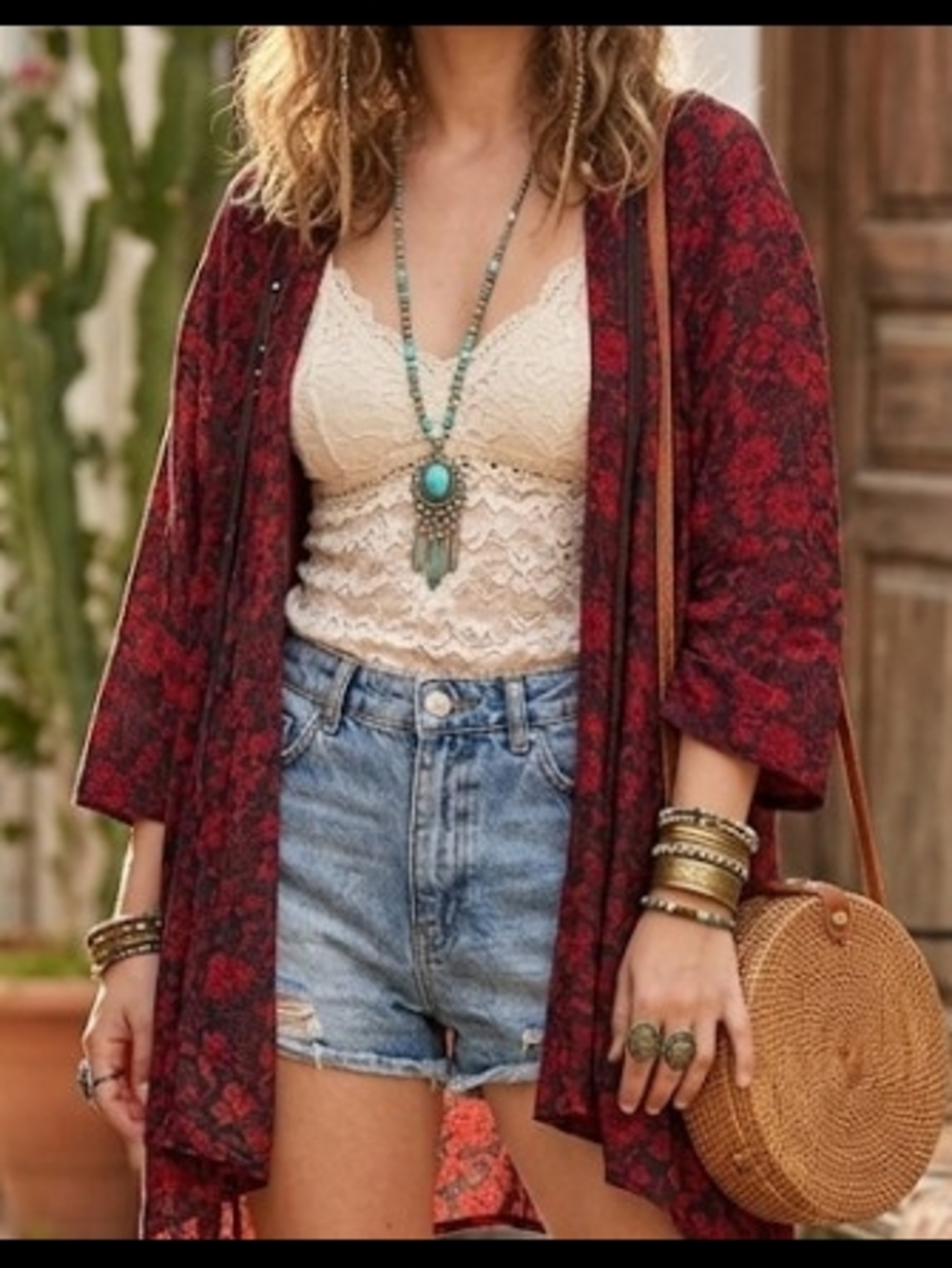 SFERA Red Floral Open-Front Kimono Cardigan (Free Size) Boho Beach Chic Flowy